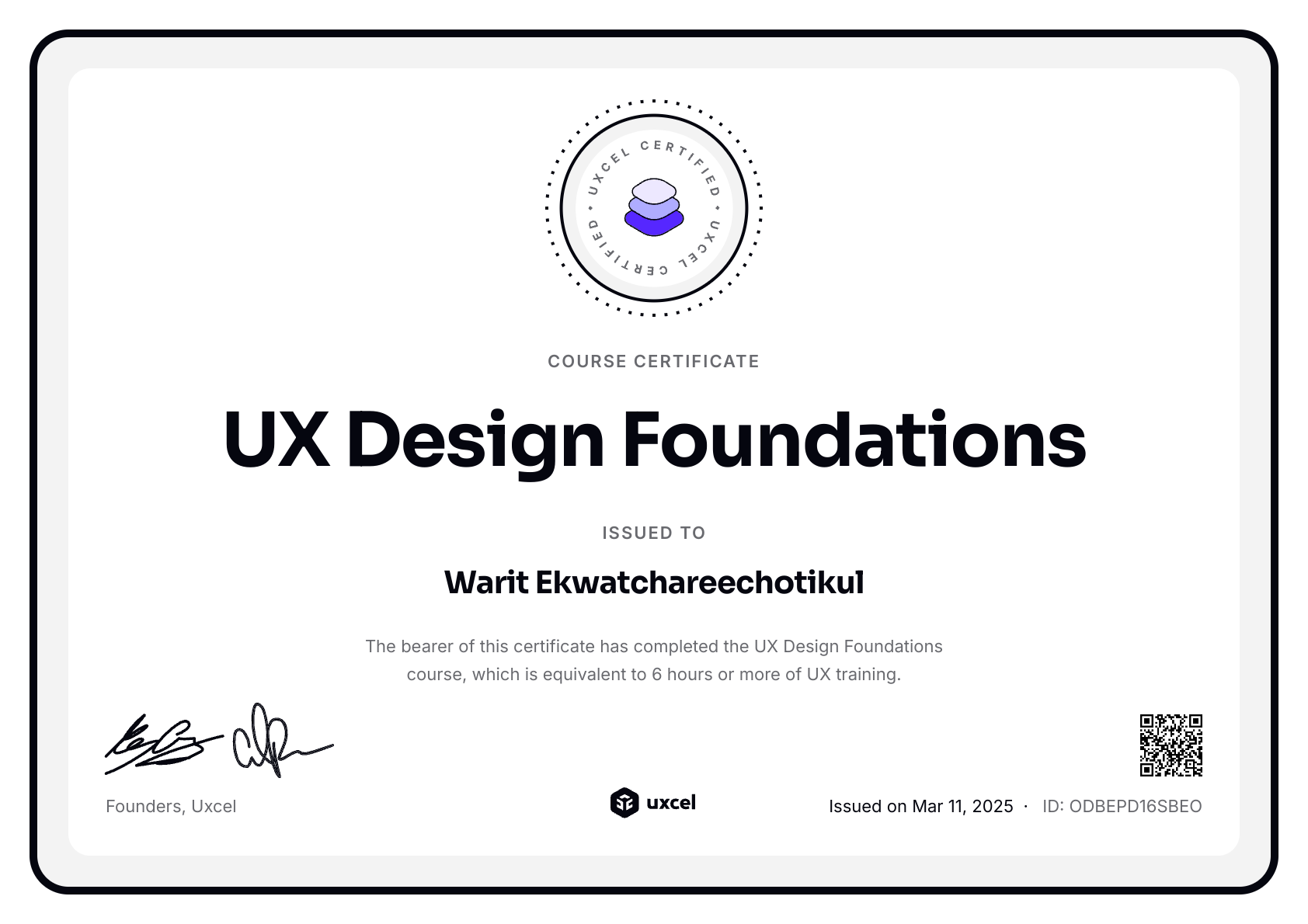 Warit Ekwatchareechotikul's certificate